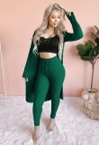 Fall Sexy Green Rib Long Sleeve Cardigan And Matched High Waist Skinny Pants Set