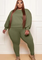 Fall Plus Size Army Green Loose Long Sleeve Round Neck Sweatshirt And Skinny Pants Set