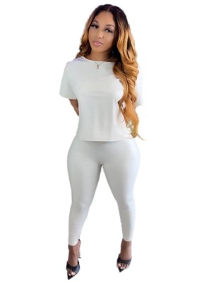 Fall Trendy White Pu Leather Basic Short Sleeve Top And High Waist Skinny Pants Set