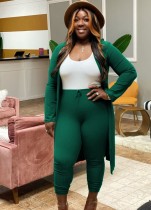 Fall Sexy Green Rib Long Sleeve Cardigan And Matched High Waist Skinny Pants Set