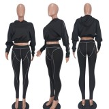 Fall Casual Black Puff Long Sleeve With Hoody Crop Top And Line Legging Tracksuit