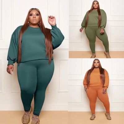 Fall Plus Size Army Green Loose Long Sleeve Round Neck Sweatshirt And Skinny Pants Set