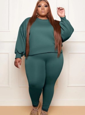 Fall Plus Size Dark Green Loose Long Sleeve Round Neck Sweatshirt And Skinny Pants Set