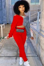 Fall Sexy Contrast Bandage Off Shoulder Crop Top And Pant Two Piece Set
