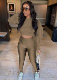 Fall Casual Brown Puff Long Sleeve With Hoody Crop Top And Line Legging Tracksuit