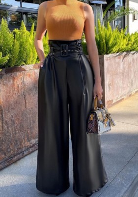 Fall Trendy Black High Waist Wide-Leg Pu Leather Trousers With Belt