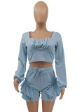 Autumn Blue Square Crop Top and Ruffle Shorts 2PC Set