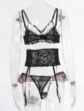 Erotic Black Floral Bustier Galter Lingerie Set