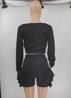 Autumn Black Square Crop Top and Ruffle Shorts 2PC Set
