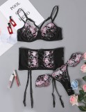 Erotic Black Floral Bustier Galter Lingerie Set