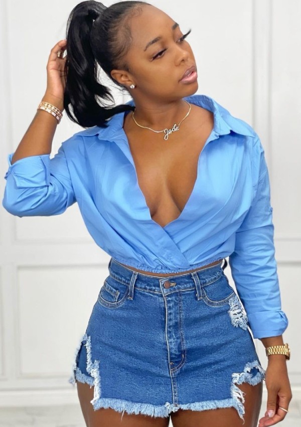 Autumn Blue Deep-V Sexy Wrap Cropped Blouse