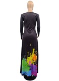 Autumn Black Paints V-Neck Long Shirt Dress with Pocket