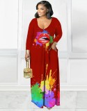 Autumn Red Paints V-Neck Long Shirt Dress with Pocket