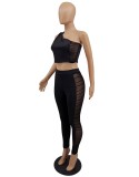 Autumn Black Mesh Patch Tight One Shoulder Crop Top and High Waist Pants 2PC Set