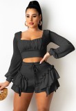 Autumn Black Square Crop Top and Ruffle Shorts 2PC Set