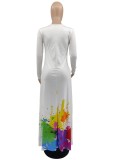 Autumn White Paints V-Neck Long Shirt Dress with Pocket