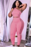 Autumn Pink Mesh Patch Tight One Shoulder Crop Top and High Waist Pants 2PC Set