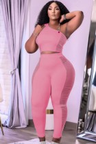 Autumn Pink Mesh Patch Tight One Shoulder Crop Top and High Waist Pants 2PC Set
