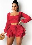 Autumn Red Square Crop Top and Ruffle Shorts 2PC Set