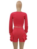 Autumn Red Square Crop Top and Ruffle Shorts 2PC Set