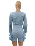 Autumn Blue Square Crop Top and Ruffle Shorts 2PC Set
