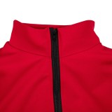 Winter Red Puff Sleeve Zipped Crop Top and Matching Pants 2PC Set