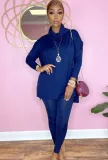 Autumn Casual Blue Turtleneck Loose Shirt and Tight Pants 2PC Basic Set