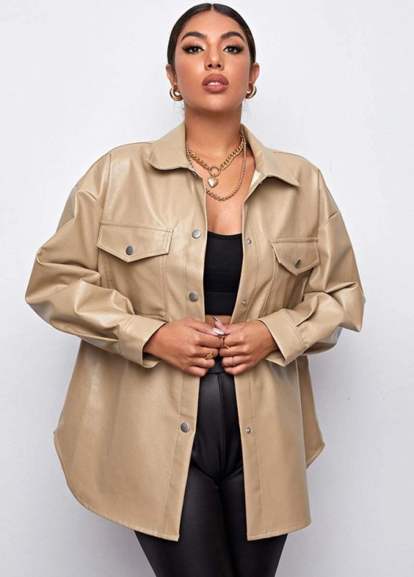 Winter Khaki Leather Button Up Long Jacket with Pockets