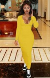 Autumn Yellow Ribbed Sexy Long Bodycon Dress with Full Sleeves