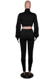 Winter Black Puff Sleeve Zipped Crop Top and Matching Pants 2PC Set