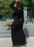 Autumn Black Ribbed Sexy Long Bodycon Dress with Full Sleeves