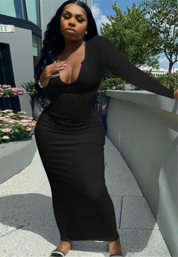 Autumn Black Ribbed Sexy Long Bodycon Dress with Full Sleeves