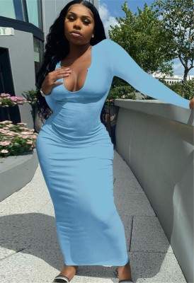 Autumn Sky Blue Ribbed Sexy Long Bodycon Dress with Full Sleeves