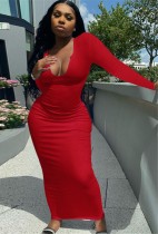 Autumn Red Ribbed Sexy Long Bodycon Dress with Full Sleeves