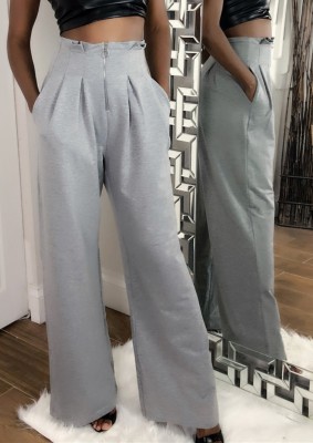 Autumn Formal Grey High Waist Wide Leg Trousers