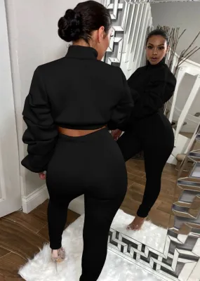 Winter Black Puff Sleeve Zipped Crop Top and Matching Pants 2PC Set