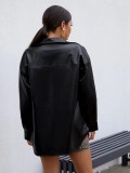 Winter Black Leather Button Up Long Jacket with Pockets