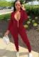 Winter Red Ribbed Zip Up Fitting Bodycon Jumpsuit