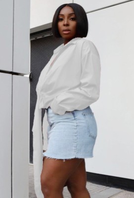 Autumn White Sexy Deep-V Irregular Cropped Blouse