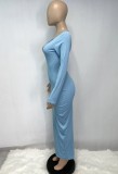 Autumn Sky Blue Ribbed Sexy Long Bodycon Dress with Full Sleeves