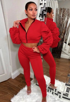 Winter Red Puff Sleeve Zipped Crop Top and Matching Pants 2PC Set