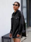 Winter Black Leather Button Up Long Jacket with Pockets