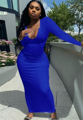 Autumn Royal Ribbed Sexy Long Bodycon Dress with Full Sleeves