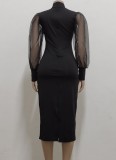 Autumn Formal Black Puff Sleeve Elegant Midi Dress