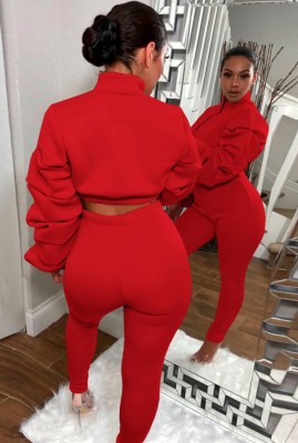 Winter Red Puff Sleeve Zipped Crop Top and Matching Pants 2PC Set