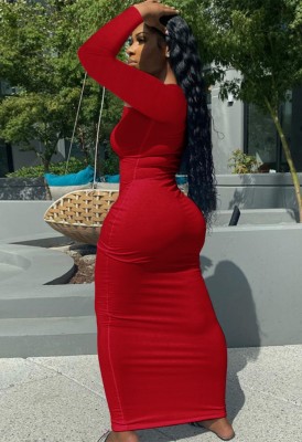 Autumn Red Ribbed Sexy Long Bodycon Dress with Full Sleeves