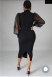 Autumn Formal Black Puff Sleeve Elegant Midi Dress