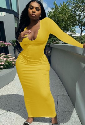 Autumn Yellow Ribbed Sexy Long Bodycon Dress with Full Sleeves