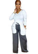 Autumn Casual V-Neck Plain Shirt and Contrast Color Sweatpants 2PC Set