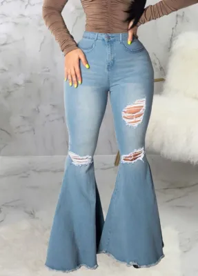 Autumn Blue High Waist Bell Bottom Ripped Jeans